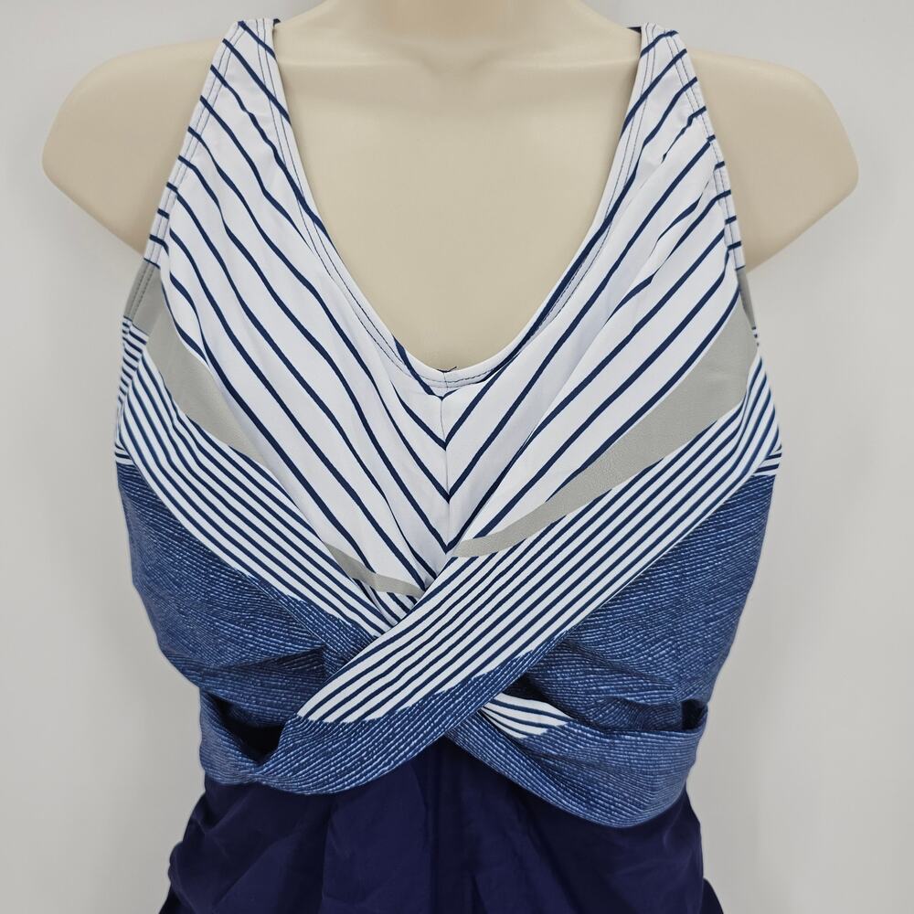 Zando Womans size XXL Twist Front Rushed One Piece Swimsuit Blue Stripe NWOT - Picture 2 of 8